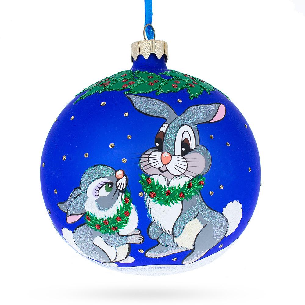 Two Bunnies Glass Ball Christmas Ornament 4 Inches