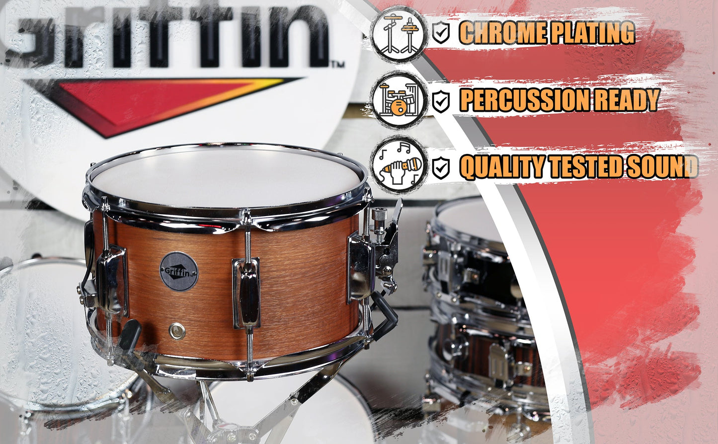 Popcorn Snare Drum by GRIFFIN - Soprano Firecracker 10" x 6" Poplar Wood Shell with Hickory PVC - Concert Percussion Musical Instrument Drummers Key