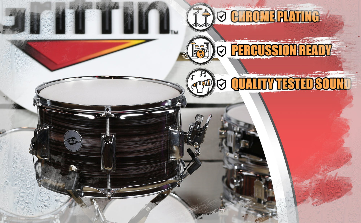 Popcorn Snare Drum by GRIFFIN - Firecracker Acoustic 10" x 6" Poplar Shell with Zebra Wood PVC - Soprano Mini Concert Marching Percussion Instrument