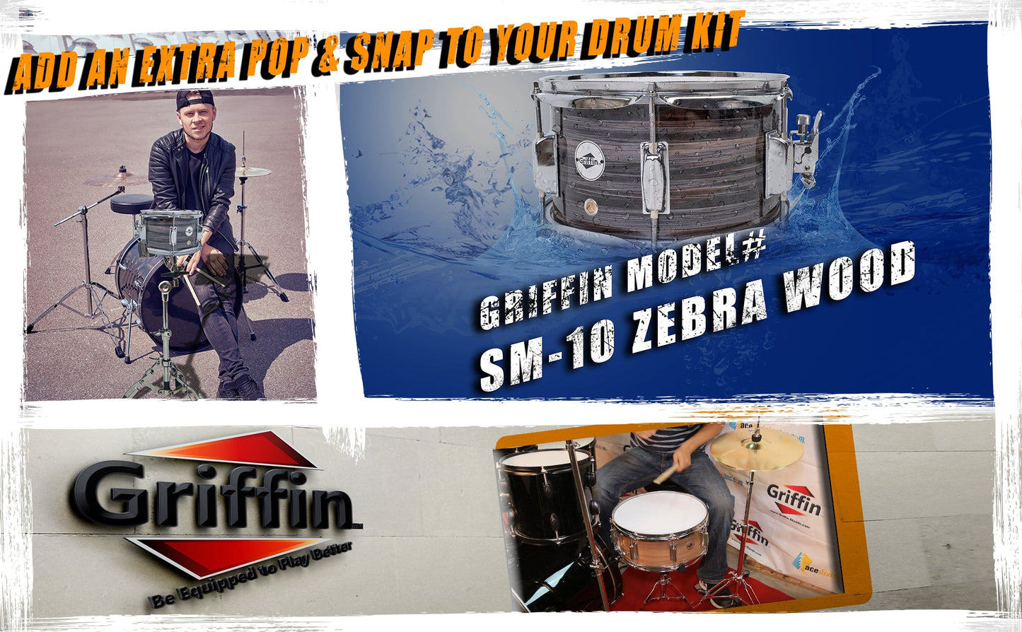 Popcorn Snare Drum by GRIFFIN - Firecracker Acoustic 10" x 6" Poplar Shell with Zebra Wood PVC - Soprano Mini Concert Marching Percussion Instrument