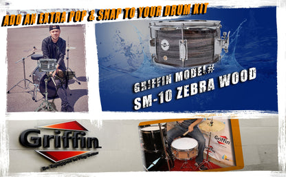 Popcorn Snare Drum by GRIFFIN - Firecracker Acoustic 10" x 6" Poplar Shell with Zebra Wood PVC - Soprano Mini Concert Marching Percussion Instrument