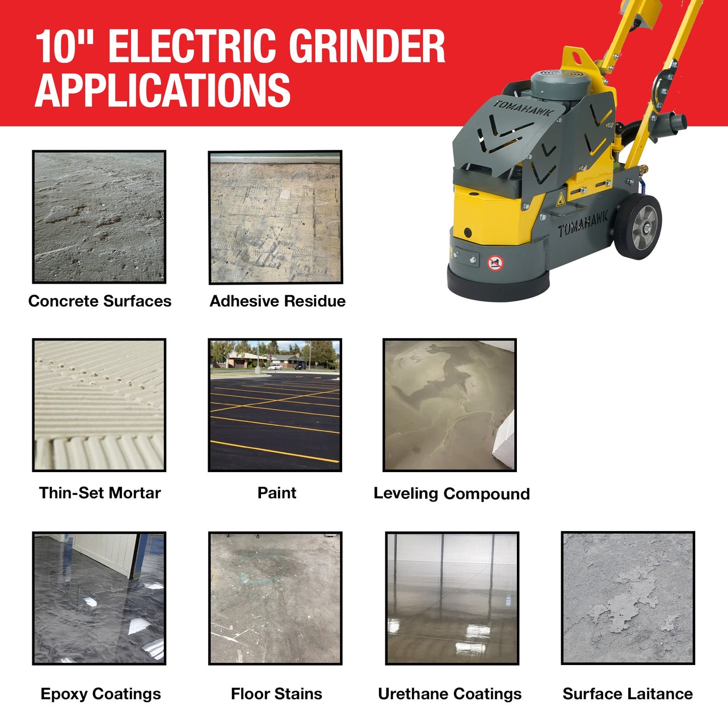 10" Electric Concrete Floor Grinder 1.5HP Motor for Smoothing, Floor Prep, Coatings