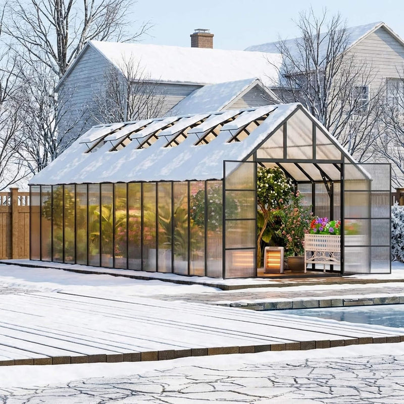 [10X28FT] Heavy-Duty Outdoor Aluminum Polycarbonate Greenhouse With Roof Vents And Swing Doors, 4MM (SAK24618)