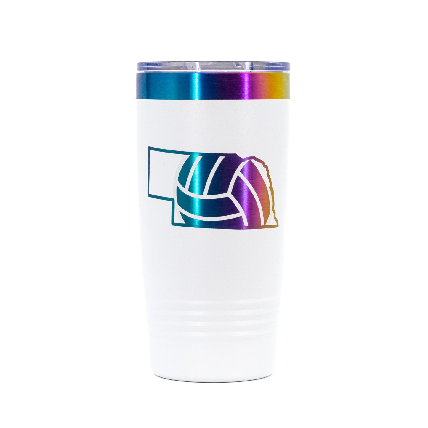 Nebraska Volleyball State Stainless Steel Vacuum Insulated Tumbler | 20 oz | White and Rainbow Chrome Engraved | RCK Creations & More