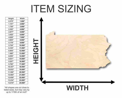 Unfinished Wood Pennsylvania Shape - State - Craft - up to 46" DIY
