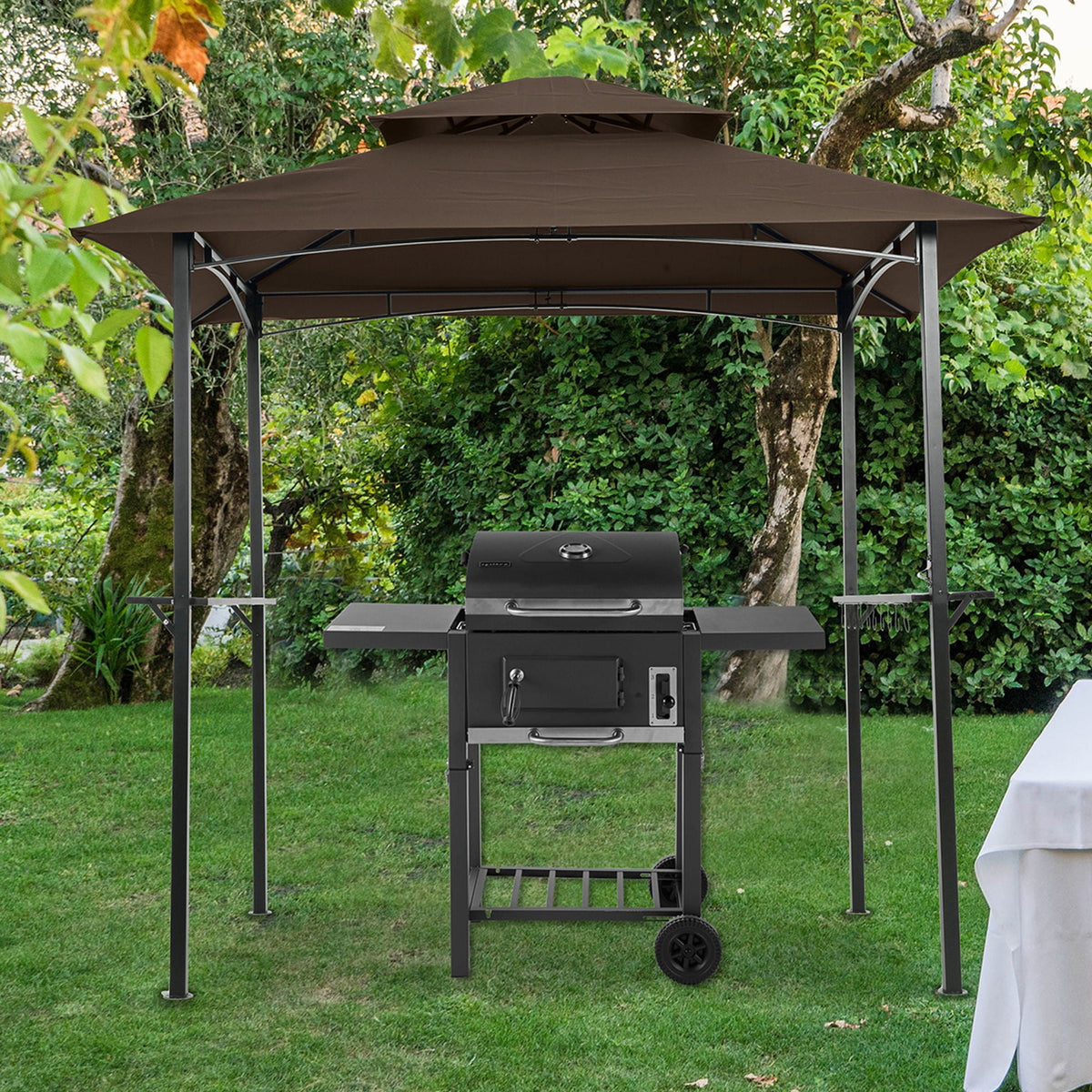 Outdoor Grill Gazebo With Double Tier Soft Top Canopy, Steel Frame, Bar Counters & Hook