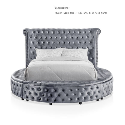 Glam Button Tufted Wingback Round Bed With Storage And USB Ports