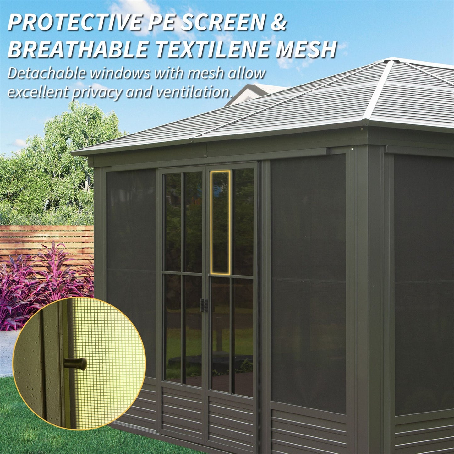 [12X14FT] Alora Premium All-Weather Outdoor Aluminum Sunroom With Galvanized Steel Hardtop Sloping Roof, Lockable Doors, And Moveable PC Screens (SAK76831)