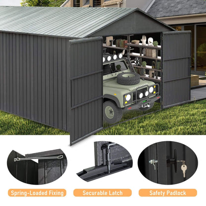 [12X25FT] Alora Extra Large Heavy-Duty Outdoor Metal Carport Garage Shed With Lockable Double Hinged Doors (SAK34153)