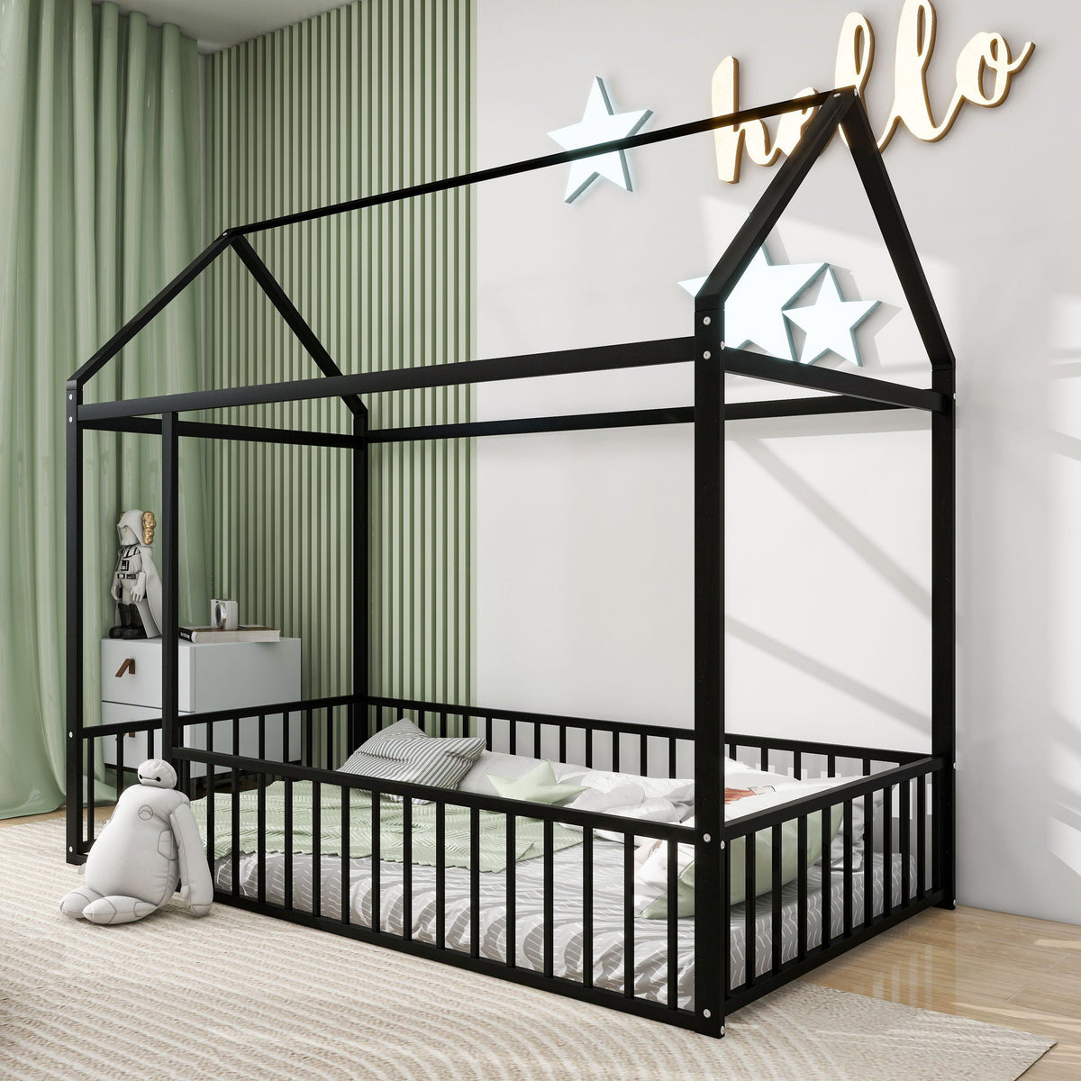 Metal Bed House Bed Frame With Fence