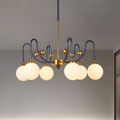 DecorBites™ Sleek Opal Glass Pendant Chandelier - Modernist Spherical Down Lighting - Black-Gold Finish - 6/9 Bulb Option for Living Room