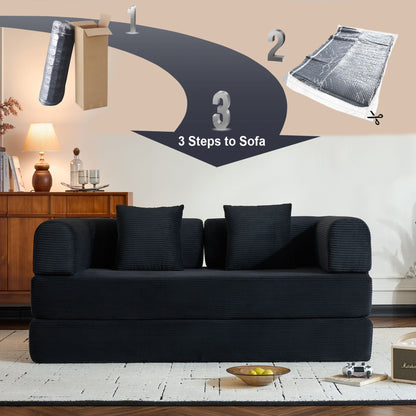 Convertible Sleeper Sofa Bed With Cylindrical Pillow, With Fixed Shape Frame