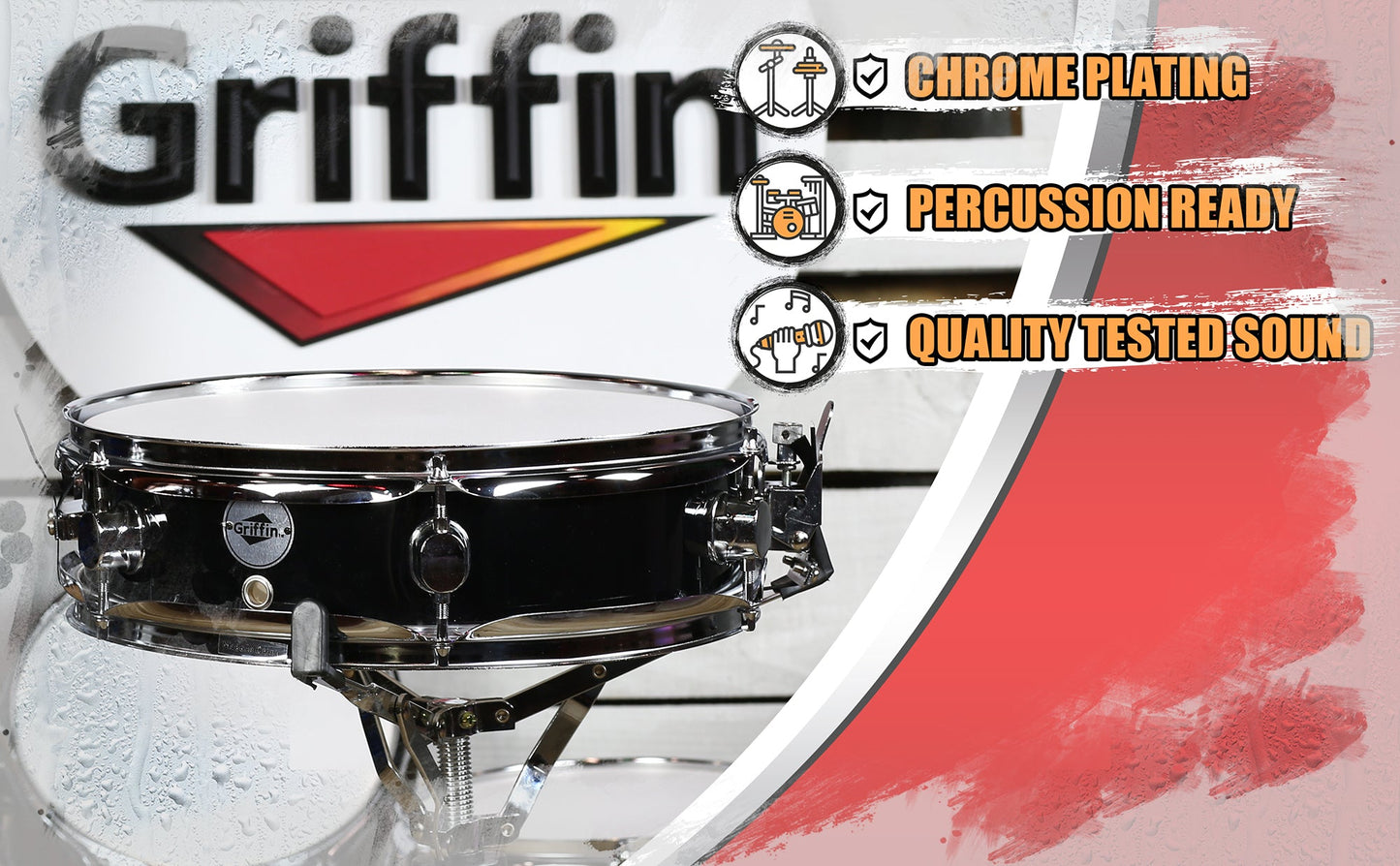 Piccolo Snare Drum 13" x 3.5" by GRIFFIN - 100% Poplar Wood Shell with Black PVC & White Coated Drum Head - Drummers Acoustic Marching Kit Percussion