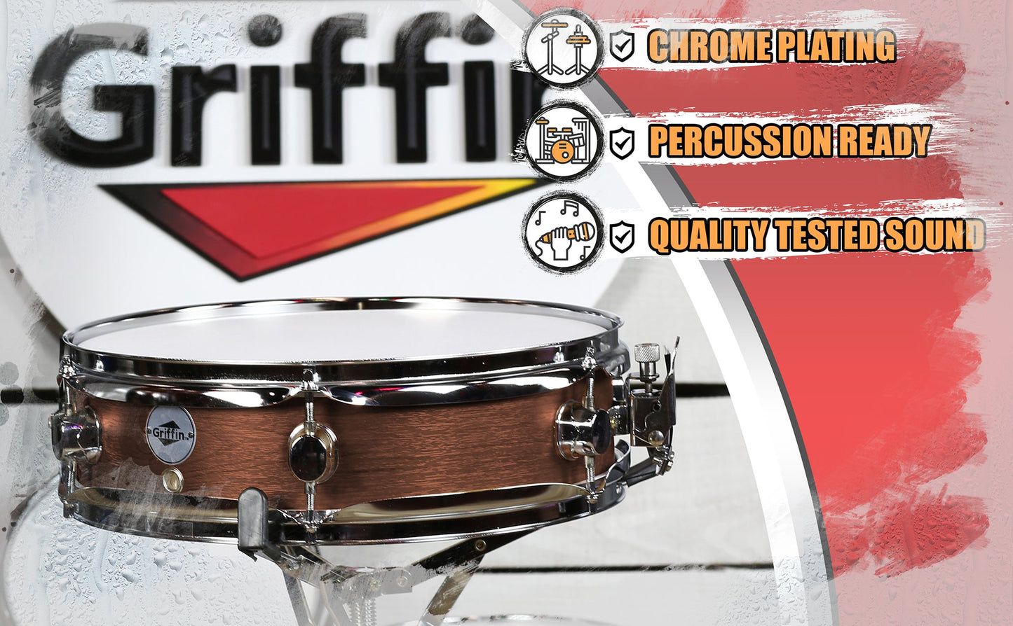 Piccolo Snare Drum 13" x 3.5" by GRIFFIN - 100% Poplar Wood Shell with Flat Hickory Finish & Coated Drum Head - Drummers Acoustic Marching Kit