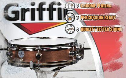 Piccolo Snare Drum 13" x 3.5" by GRIFFIN - 100% Poplar Wood Shell with Flat Hickory Finish & Coated Drum Head - Drummers Acoustic Marching Kit