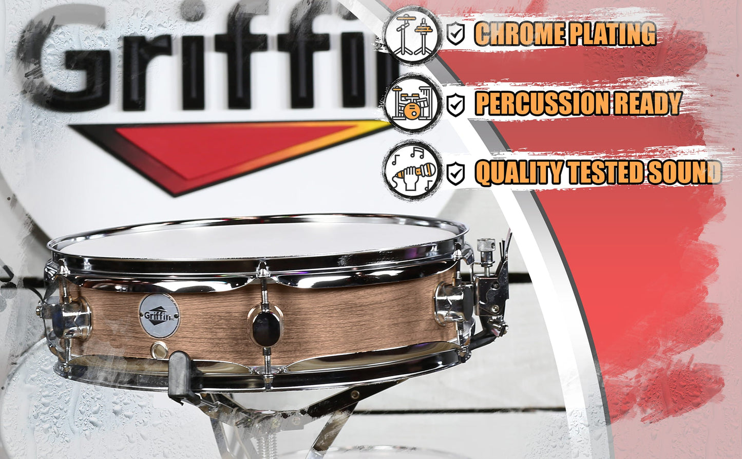 Piccolo Snare Drum 13" x 3.5" by GRIFFIN | 100% Poplar Shell with Oak Wood Finish & Coated Drum Head | Professional Marching Drummers Deluxe Percussion Instrument with Bright Tone & Brilliant Attack