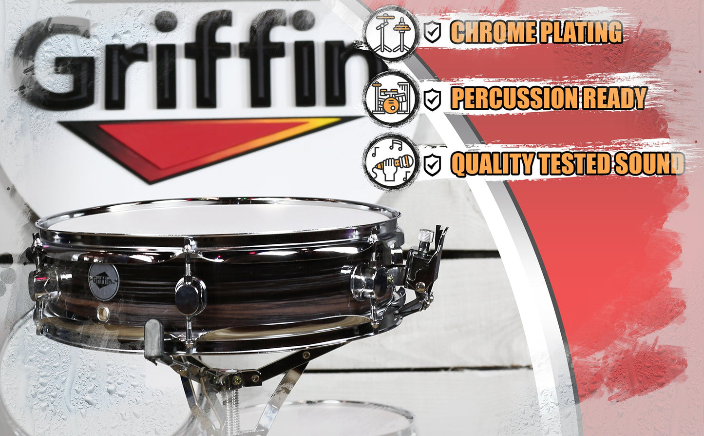 Piccolo Snare Drum 13" x 3.5" by GRIFFIN - 100% Poplar Wood Shell with Zebra Wood Finish & Coated Drum Head - Marching Drummers Percussion