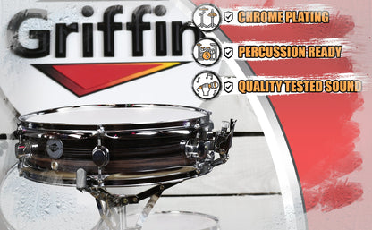 Piccolo Snare Drum 13" x 3.5" by GRIFFIN - 100% Poplar Wood Shell with Zebra Wood Finish & Coated Drum Head - Marching Drummers Percussion
