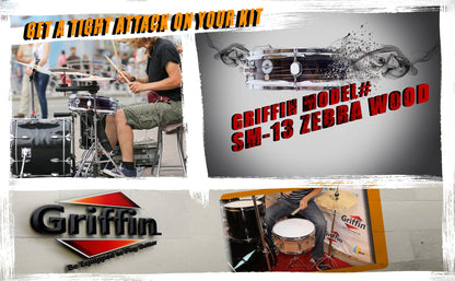 Piccolo Snare Drum 13" x 3.5" by GRIFFIN - 100% Poplar Wood Shell with Zebra Wood Finish & Coated Drum Head - Marching Drummers Percussion