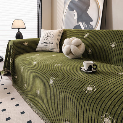 Chenille Camellia Floral Sofa Throw Cover Couch Blanket with Striped Jacquard