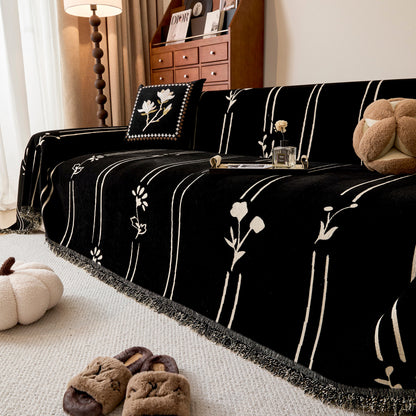 Chenille Jacquard Sofa Throw Cover with Tassel Soft Thick Couch Protector Blanket