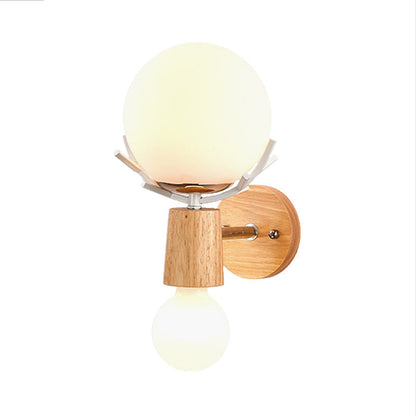 DecorBites™ Rustic Wood Wall Lamp with Antler Accents - White Globe Sconce Light for Stairways