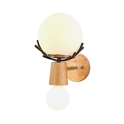 DecorBites™ Rustic Wood Wall Lamp with Antler Accents - White Globe Sconce Light for Stairways