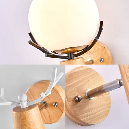DecorBites™ Rustic Wood Wall Lamp with Antler Accents - White Globe Sconce Light for Stairways