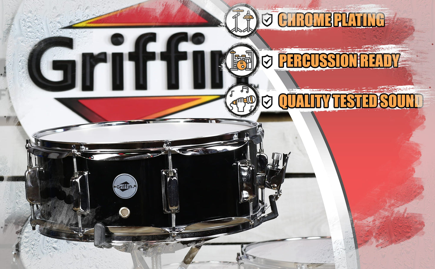 GRIFFIN Snare Drum | Poplar Wood Shell 14" x 5.5" with Black PVC & Coated Head | Acoustic Marching Percussion Musical Instrument Set with Drummers Key, 8 Metal Tuning Lugs & Snare Strainer Throw Off