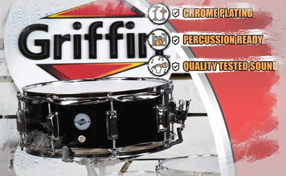 GRIFFIN Snare Drum | Poplar Wood Shell 14" x 5.5" with Black PVC & Coated Head | Acoustic Marching Percussion Musical Instrument Set with Drummers Key, 8 Metal Tuning Lugs & Snare Strainer Throw Off