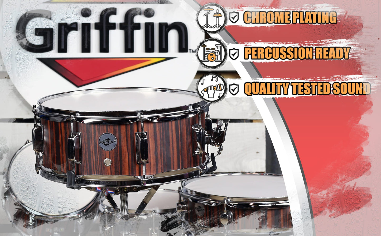 Snare Drum by GRIFFIN | 14" x 5.5"  Black Hickory PVC & Coated Head on Poplar Wood Shell | Acoustic Marching Percussion Instrument Set, Drummers Key, 8 Metal Tuning Lugs & Snare Strainer Throw Off Kit