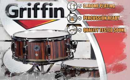 Snare Drum by GRIFFIN | 14" x 5.5"  Black Hickory PVC & Coated Head on Poplar Wood Shell | Acoustic Marching Percussion Instrument Set, Drummers Key, 8 Metal Tuning Lugs & Snare Strainer Throw Off Kit
