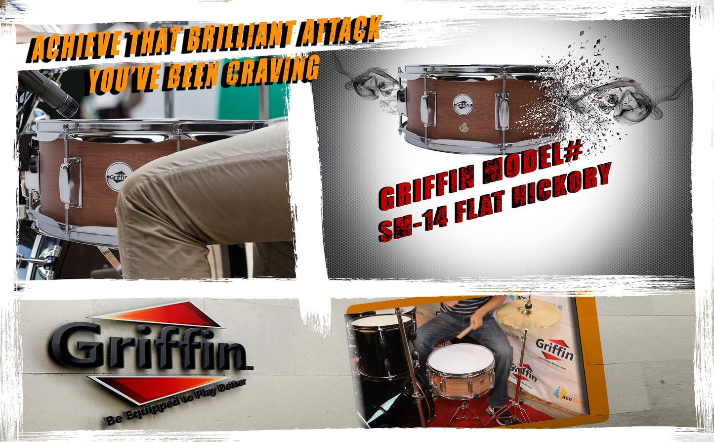 GRIFFIN Snare Drum - Poplar Wood Shell 14" x 5.5" with Flat Hickory PVC - 8 Metal Tuning Lugs & Snare Strainer Throw Off - Percussion Instrument Kit