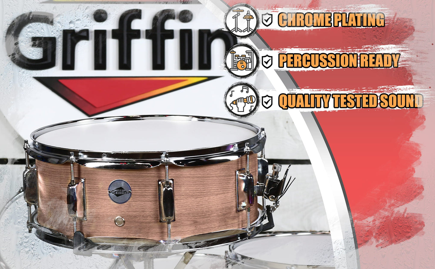 Oak Wood Snare Drum by GRIFFIN | PVC on Poplar Wood Shell 14" x 5.5" | Percussion Musical Instrument with Drummers Key for Students & Professionals|8 Tuning Lugs & Deluxe Snare Strainer