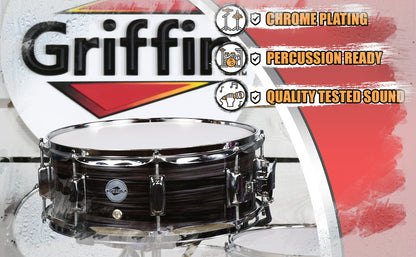 Snare Drum by GRIFFIN - 14" x 5.5" Poplar Wood Shell with Zebra PVC Glossy Finish - Percussion Musical Instrument with Drummers Key for Students