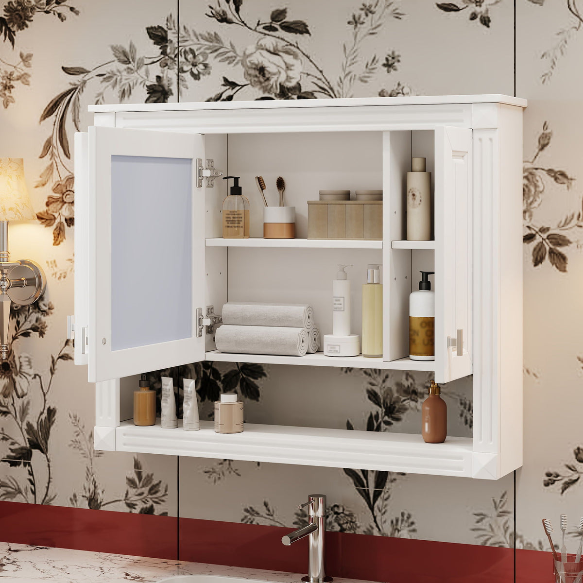 Wall-Mounted Bathroom Cabinet With Mirror And Open Shelf - White