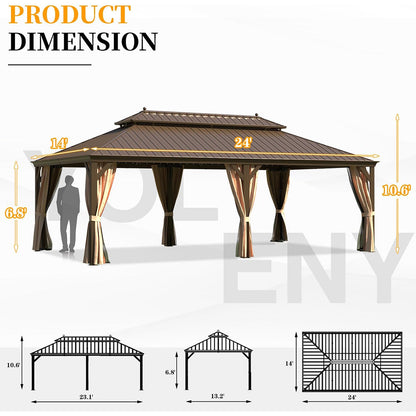 [14X24FT] Alora Heavy-Duty Aluminum Galvanized Steel Double Roof Hardtop Gazebo With Netting And Curtains (SAK41853)
