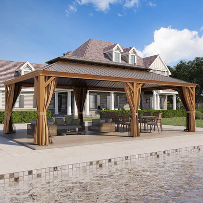 [14X24FT] Alora Heavy-Duty Aluminum Galvanized Steel Double Roof Hardtop Gazebo With Netting And Curtains (SAK41853)
