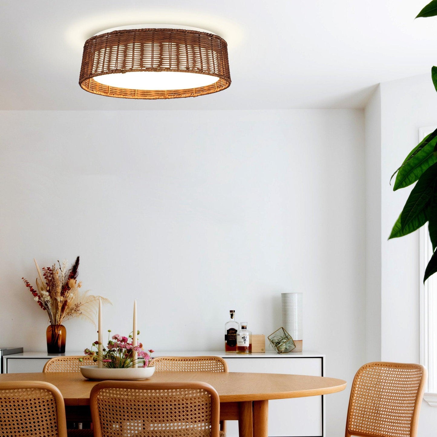 17" Traditional Brown Rattan Flush Mount Lighting with LED