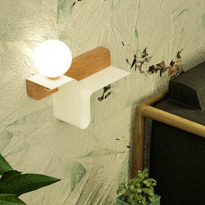 DecorBites™ Nordic Opal Frosted Glass Sconce: Orb 1 Bulb Wall Mounted Lamp with White-Wood Shelf (Left/Right)