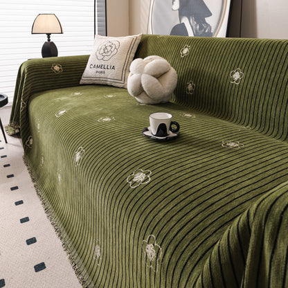 Chenille Camellia Floral Sofa Throw Cover Couch Blanket with Striped Jacquard