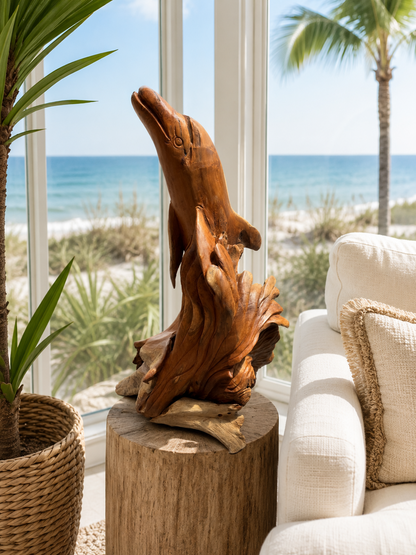 Solid Teak Wood Dolphin Sculpture – Hand Carved in Bali, Indonesia