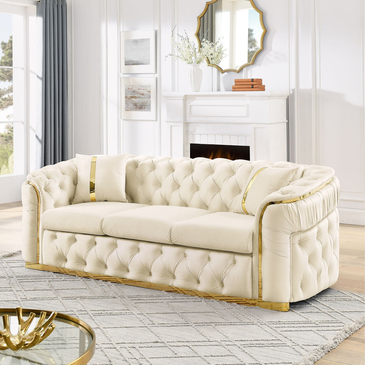 Button Tufted Couch With 2 Pillows, 3 Seater Luxury Chesterfield Sofa