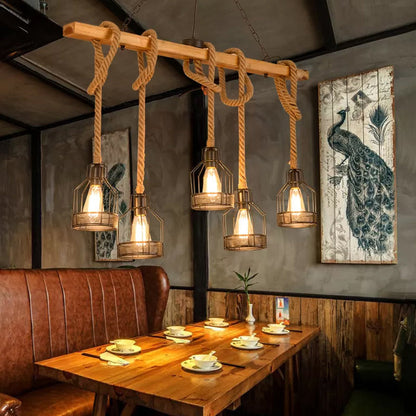 DecorBites™ Rustic Wood Pendant Lamp: Linear Restaurant Hanging Island Light with Brown Roped Cage (3/5-Light)