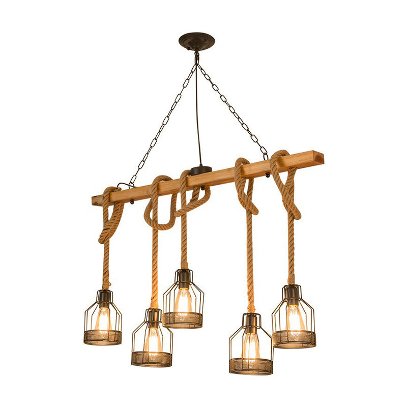 DecorBites™ Rustic Wood Pendant Lamp: Linear Restaurant Hanging Island Light with Brown Roped Cage (3/5-Light)