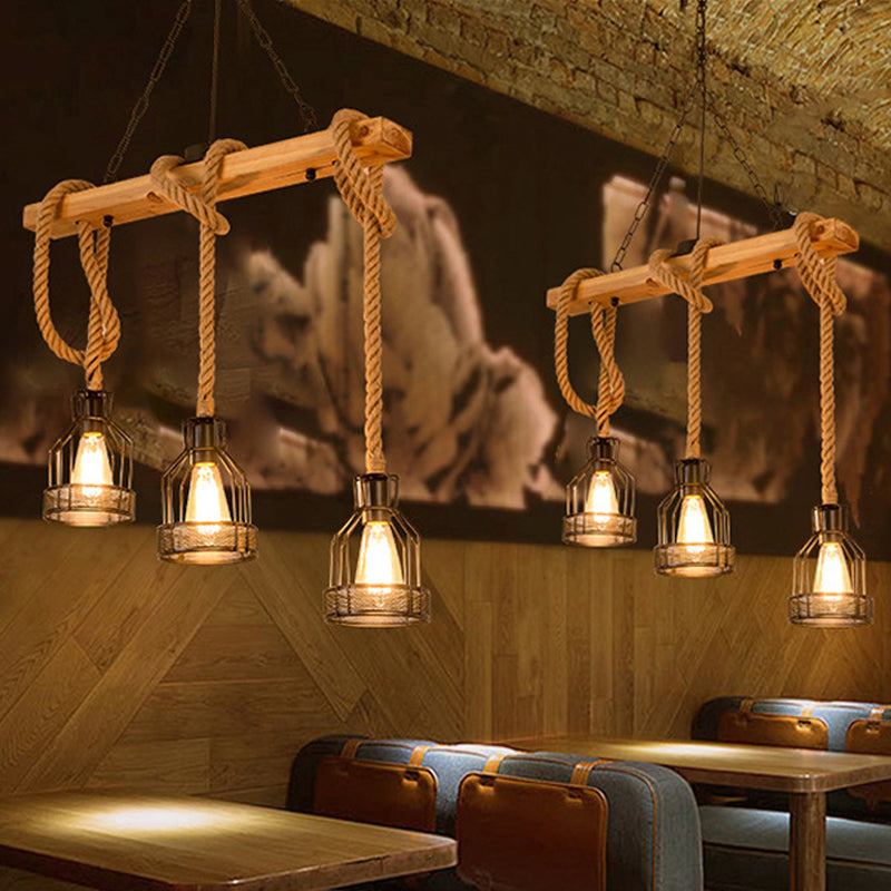 DecorBites™ Rustic Wood Pendant Lamp: Linear Restaurant Hanging Island Light with Brown Roped Cage (3/5-Light)