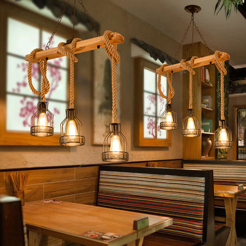 DecorBites™ Rustic Wood Pendant Lamp: Linear Restaurant Hanging Island Light with Brown Roped Cage (3/5-Light)