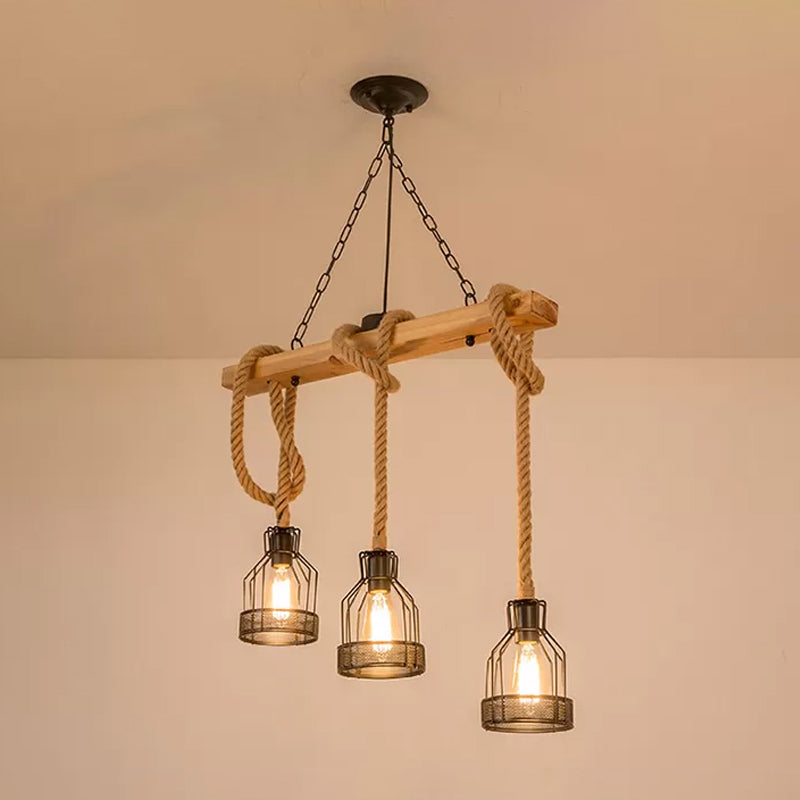 DecorBites™ Rustic Wood Pendant Lamp: Linear Restaurant Hanging Island Light with Brown Roped Cage (3/5-Light)