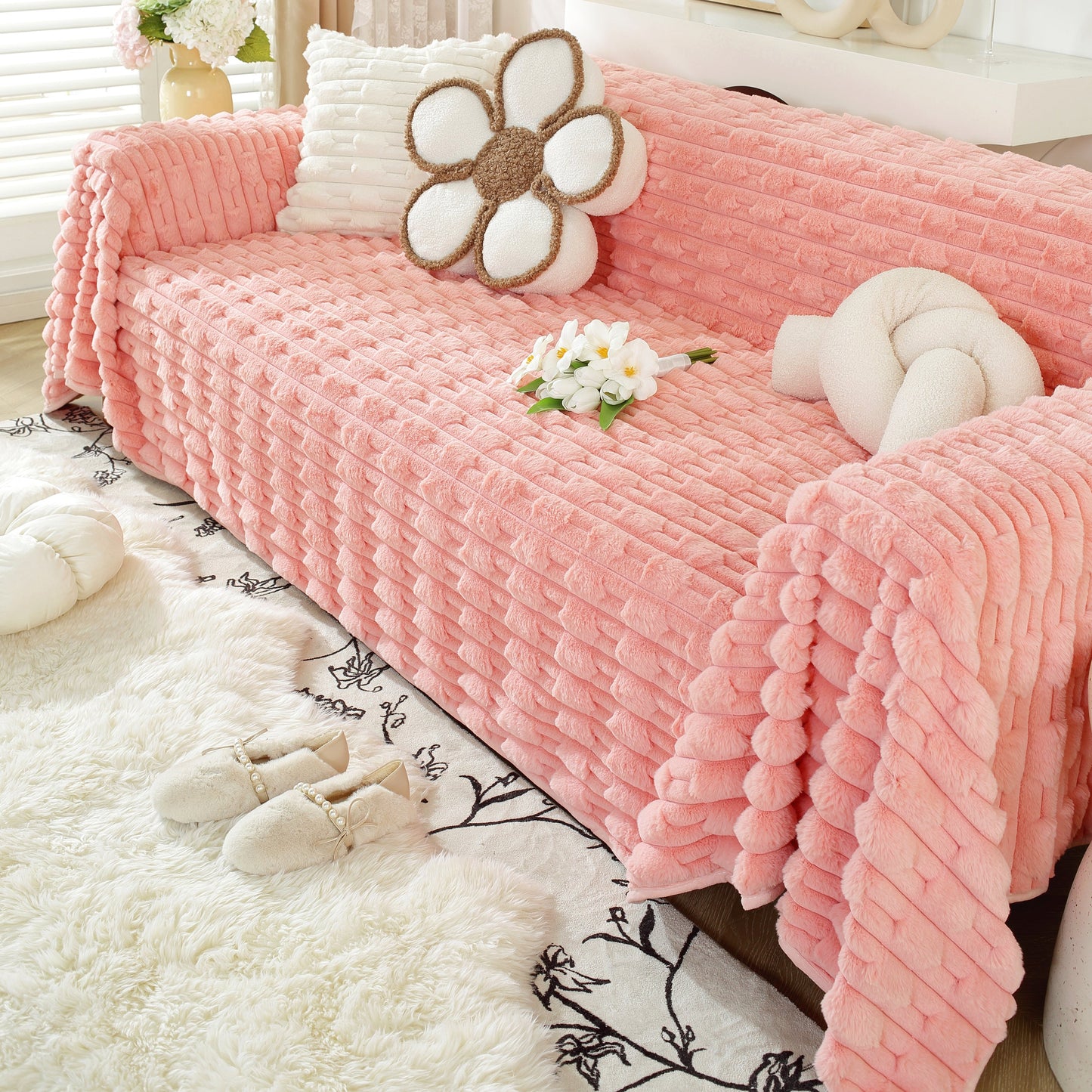 Fluffy Faux Fur Couch Cover Plush Sofa Throw, Warm & Stylish Sofa Protector