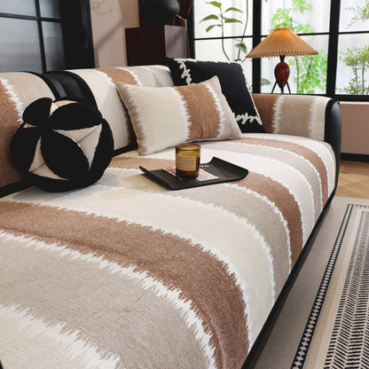 Striped Colorblock Non-Slip Sectional Couch Covers, Chenille Sofa Protector Cover